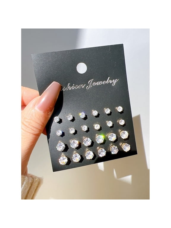 12 Pairs Yellow Gold-Tone Cubic Zirconia Stud Earrings Set