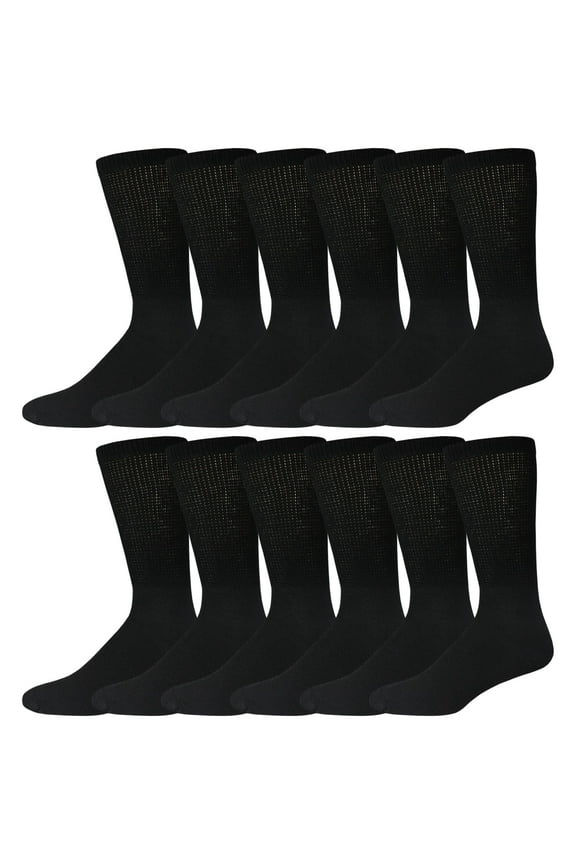 12 Pairs of Big and Tall Diabetic Cotton Neuropathy Crew Socks (Black, Sock Size 13-16)
