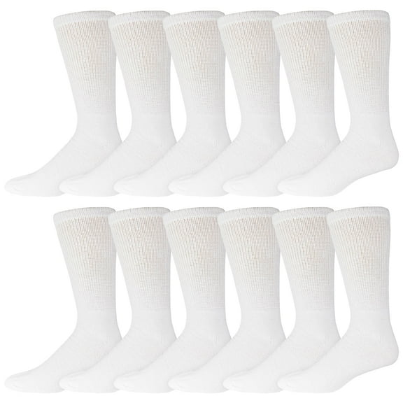 12 Pairs of Big and Tall Diabetic Cotton Neuropathy Crew Socks (White, Sock Size 13-16)