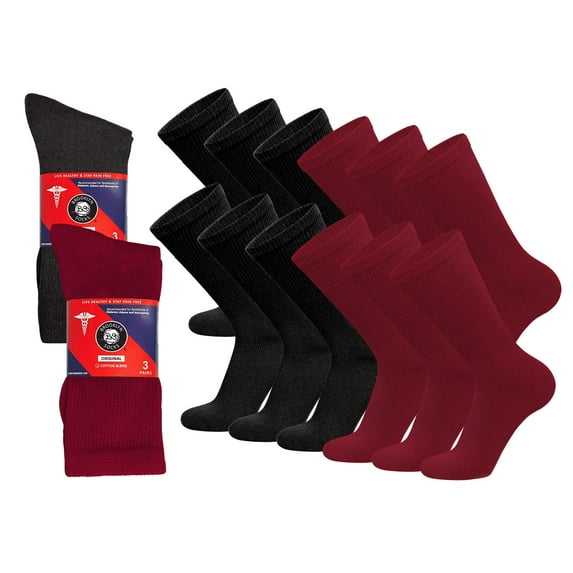 12 Pairs of Cotton Diabetic Non-Binding Neuropathy Crew Socks (Black and Red - Size 13-16)
