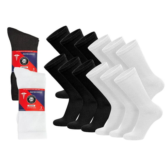12 Pairs of Cotton Diabetic Non-Binding Neuropathy Crew Socks (Black and White - Size 13-16)