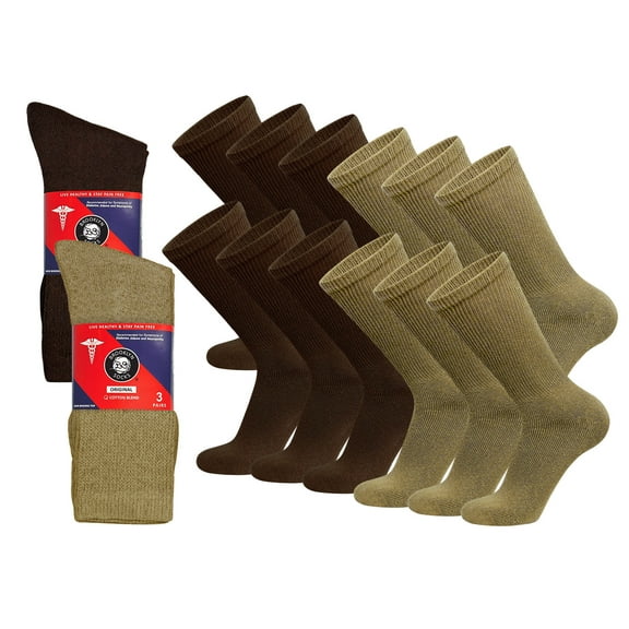 12 Pairs of Cotton Diabetic Non-Binding Neuropathy Crew Socks (Brown and Khaki - Size 13-16)