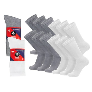 12 Pairs of Cotton Diabetic Non-Binding Neuropathy Crew Socks (White and Grey - Size 9-11)
