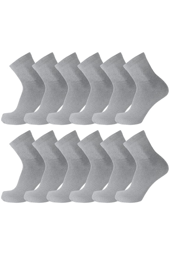12 Pairs of Diabetic Cotton Quarter Socks with Non Binding Top (Gray, Sock Size 10-13)