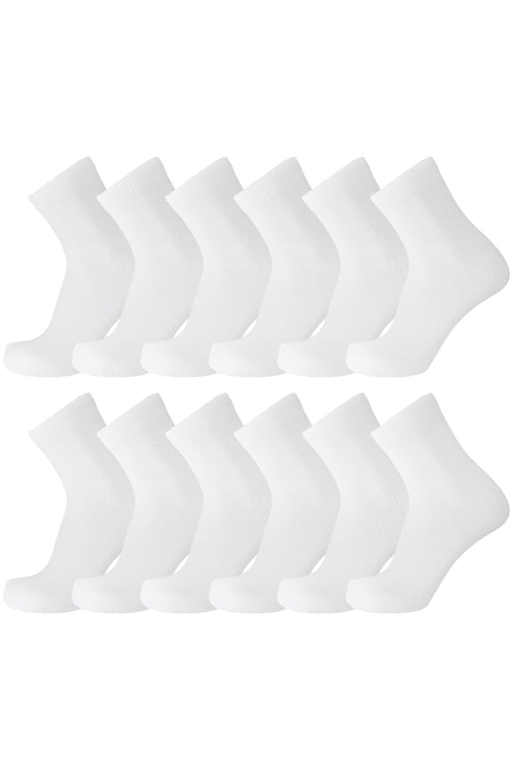12 Pairs of Diabetic Cotton Quarter Socks with Non Binding Top (White, Sock Size 10-13)