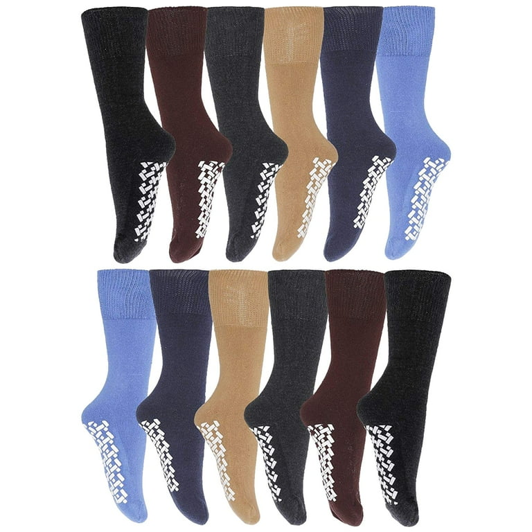 12 Pairs of Mens Non Skid Slip Medical Socks Cotton With Rubber Gripper Bottom Assorted Colors Size 10 13