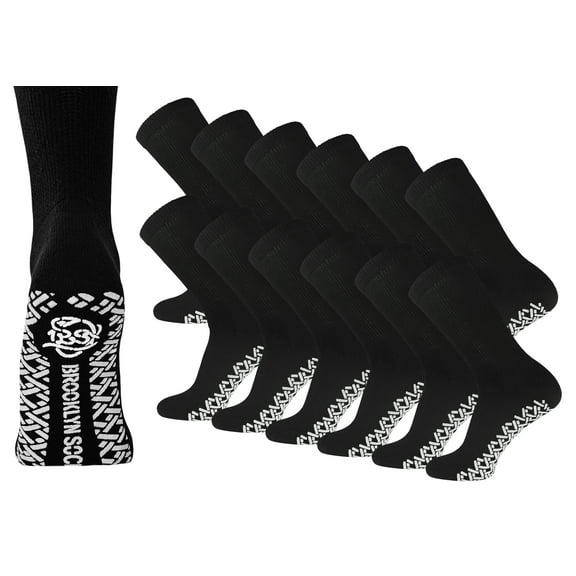 12 Pairs of Non-Skid Diabetic Cotton Crew Socks with Non Binding Top (Black, Sock Size 10-13)
