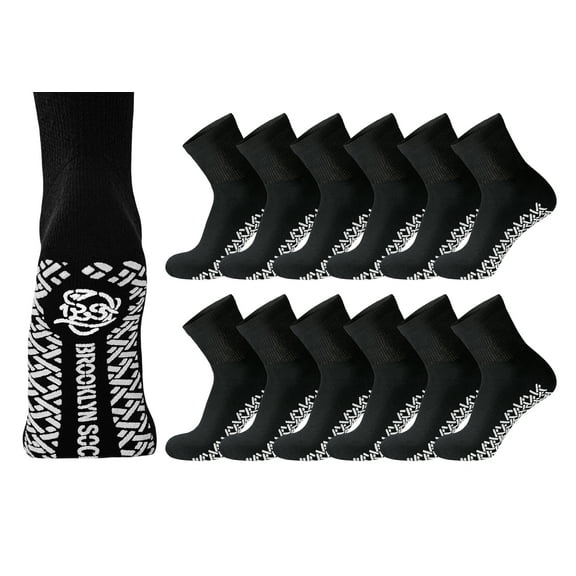 12 Pairs of Non-Skid Diabetic Cotton Quarter Socks with Non Binding Top (Black, Sock Size 10-13)