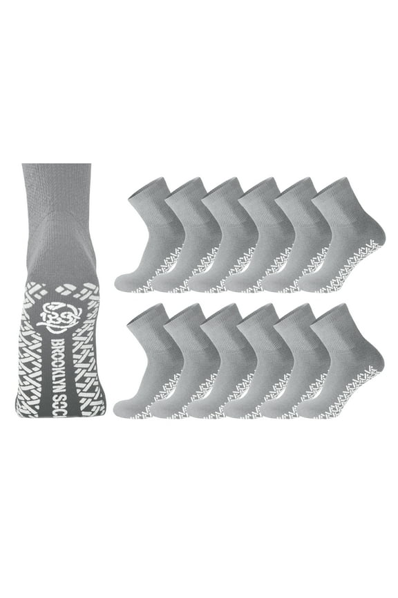 12 Pairs of Non-Skid Diabetic Cotton Quarter Socks with Non Binding Top (Gray, Sock Size 10-13)
