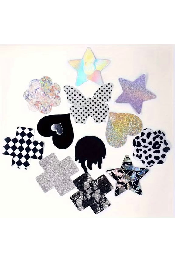 12 Pairs of Stylish Nipple Covers - Assorted Black & Silver Shapes for Women - Fashionable Anti-Exposure Accessories