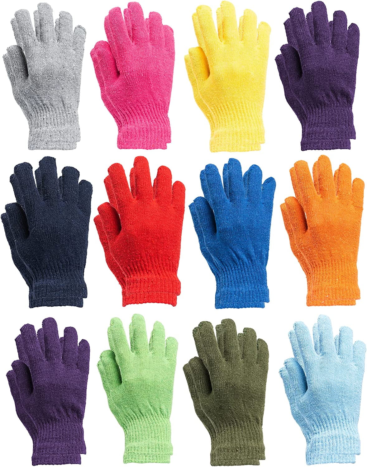 12 Pairs of Winter Gloves Kids Thermal Knit Stretchy Fuzzy Bulk Glove