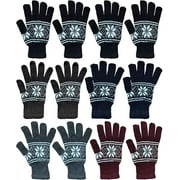 12 Pairs of Winter Gloves Mens - Thermal Knit Stretchy Fuzzy Bulk Glove Colors (MENS SNOW PRINT)
