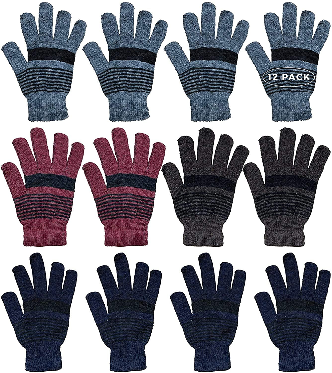 12 Pairs of Winter Gloves Mens Womens Thermal Knit Stretchy Fuzzy