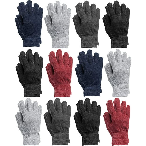 12 Pairs of Winter Gloves Mens Womens and Kids - Thermal Knit Stretchy Fuzzy Bulk Glove Colors (MENS ASSORTED SOLID)