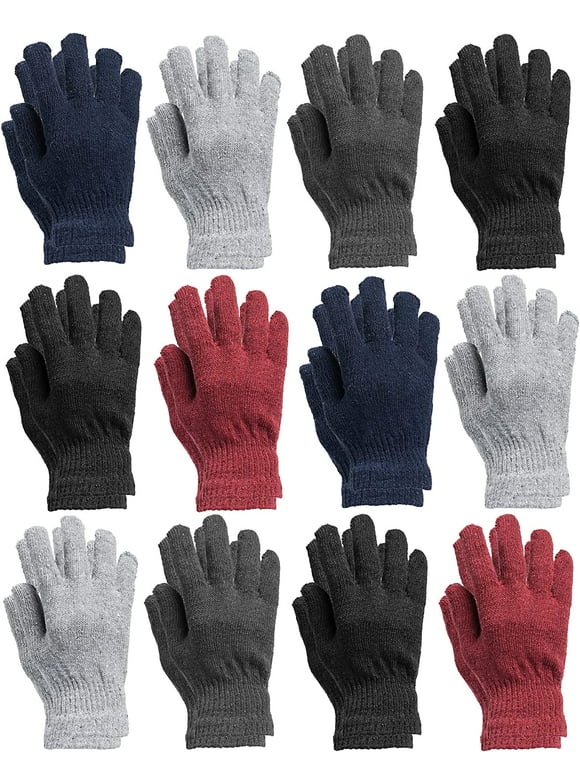 12 Pairs of Winter Gloves Mens Womens and Kids - Thermal Knit Stretchy Fuzzy Bulk Glove Colors (MENS ASSORTED SOLID)