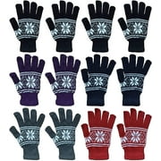 12 Pairs of Winter Gloves Mens Womens and Kids - Thermal Knit Stretchy Fuzzy Bulk Glove Colors (WOMENS SNOW PRINT)