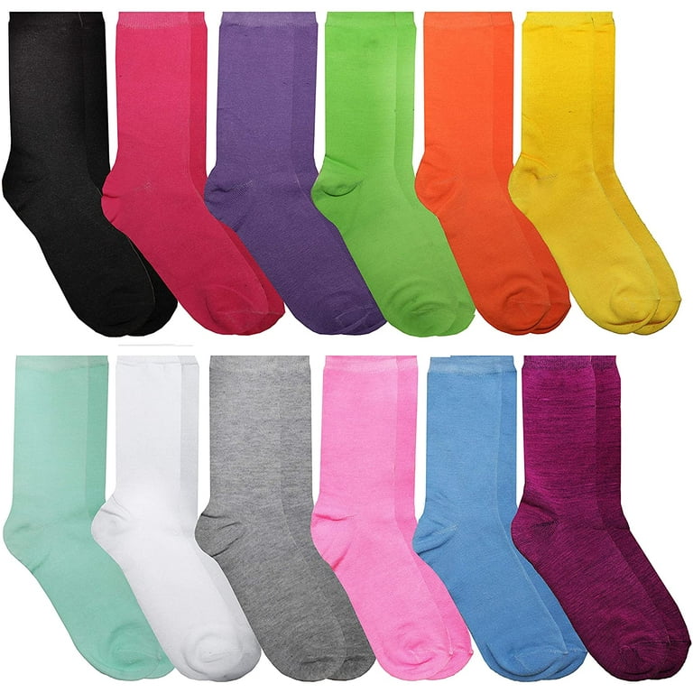 12 Pairs of Womens Casual Crew Socks, Cotton Colorful Fun Patterns, Women  Solid Dress Sock (12 Bright Neon Colors)