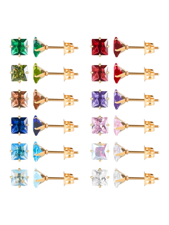 12 Pairs18K Gold Plated Surgical Stainless Steel Stud Earrings,Birthstone Square Cubic Zirconia Earring Sets for Women