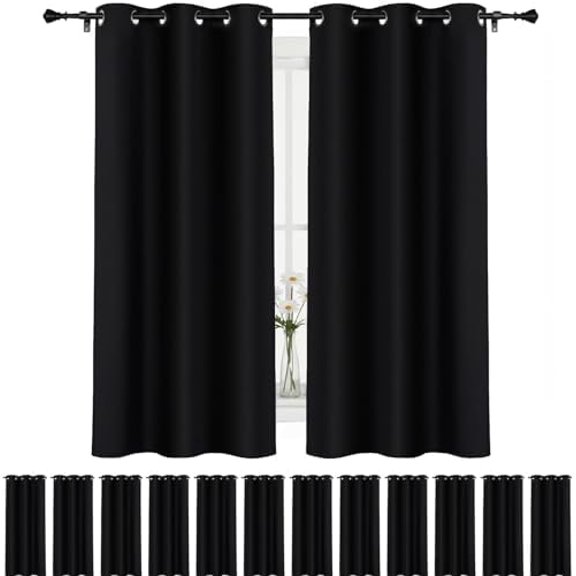 12 Panels Blackout Curtains for Bedroom, Solid Thermal Insulated Grommet and Noise Reduction Window Drapes, Room Darkening Curtains Bulk for Living Room(Black,63 x 42 Inch)