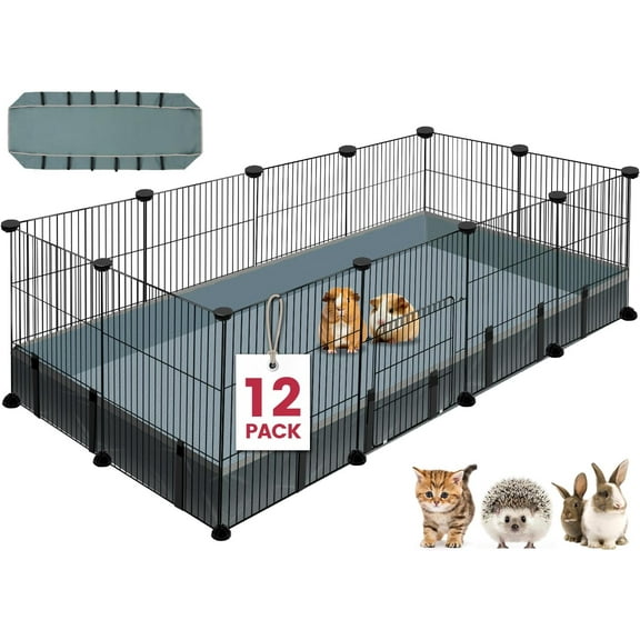 12 Panels Small Animal Playpen,Pet Playpen with Waterproof Mat,C&C Cage for Guinea Pigs,Puppy Play Pen,Bunny Playpen,Indoor Outdoor Portable Metal Wire Yard Fence