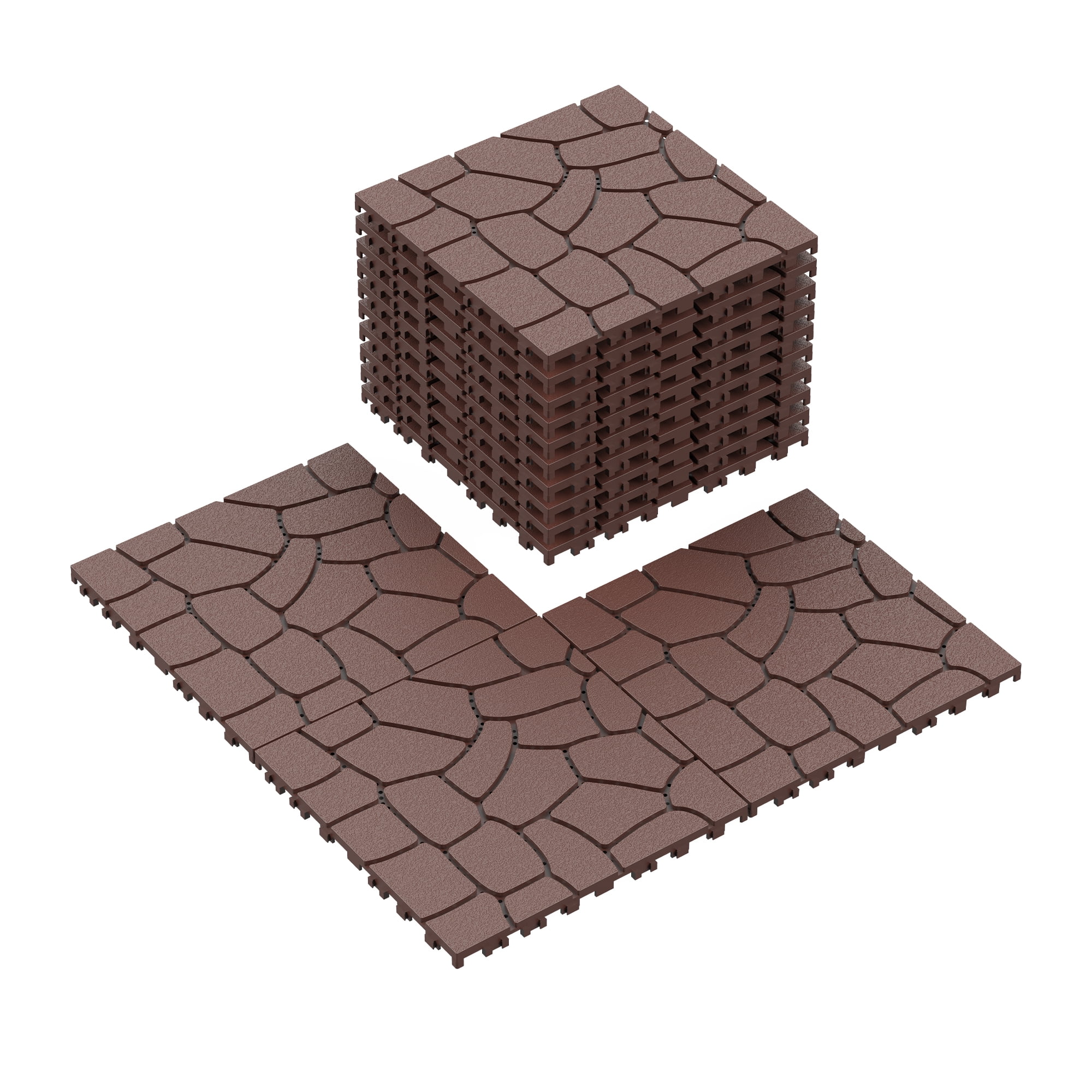 12" Patio Deck Tiles 44pcs Brown, DIY Module Interlocking Decking Tiles, Easy Quick Installation Court Tiles, PP Material Weather Fade Resistant for Porch Poolside Balcony Backyard Indoor Outdoor Use