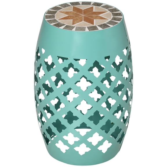 12 Patio Round Side Table, Blue Mosaic Accent Stool, Outdoor Footstool for Garden, Plant Stand with Steel Frame
