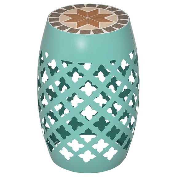12" Patio Round Side Table, Outdoor Footstool, Garden Mosaic Accent Side Table, Plant Stand, Blue
