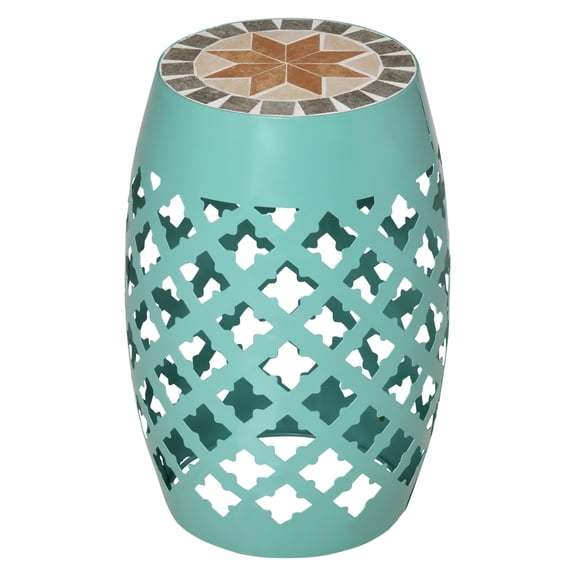 12" Patio Round Side Table, Outdoor Footstool, Garden Mosaic Accent Side Table, Plant Stand, Blue
