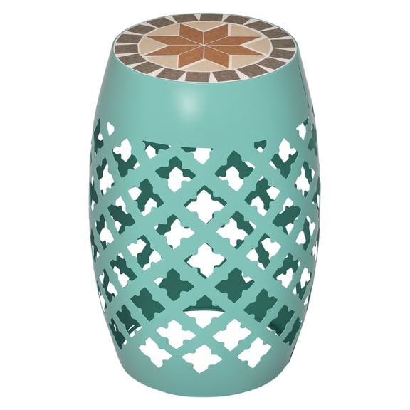 12" Patio Side Table, Outdoor Mosaic Drum Stool, Garden Accent Plant Stand, Blue