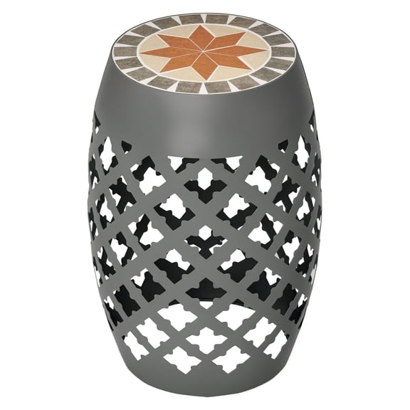 12" Patio Side Table, Outdoor Mosaic Drum Stool, Garden Accent Plant Stand, Footrest - Gray
