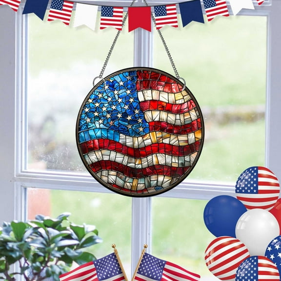12" Patriotic Acrylic Stained Glass Window Hanging Decor Window Hanging Suncatcher 4th of July American Flag Suncatcher Double Sided Ornaments Red White and Blue Window Panel Art Crafts Decorations