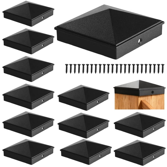 12 Pc Black 4x4 Inch Aluminum Pyramid Fence Post Caps, Weatherproof Covers for Wood Posts, Decks, Mailboxes, Includes 24 Screws
