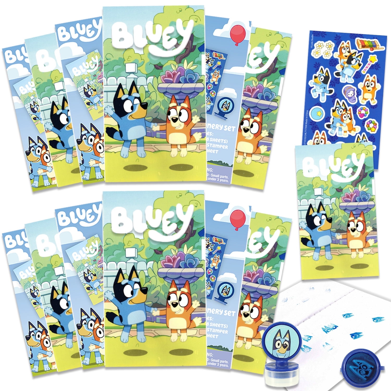 12 Pc Bluey Mini Party Favors Set - Bundle with 12 Bluey Activity Packs | Mini Sketch Books, Stickers, Stampers, and Goodie Bags (Bluey Birthday Party Supplies Decorations)