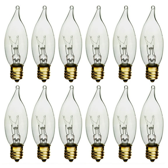 12 Pc Candelabra Night Light Bulbs 60 Watt Clear Flame Tip 120V Decor Chandelier