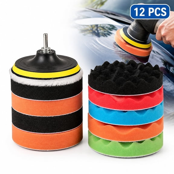 12 Pc Car Foam Buffing Pad Kit, 5 in Self-Adhesive Waxing and Polishing Pads with Backing for Drill and Polisher