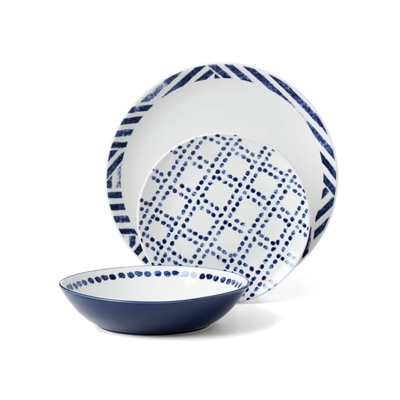 12 - Pc. Dinnerware Set, Service for 4 with Navy Dots and Nautical Patterns