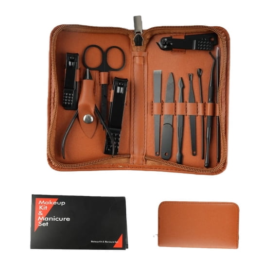 12-Pc Manicure Set in Brown – Nail Clippers, Scissors, Files & Tweezers – Travel Home Grooming Kit