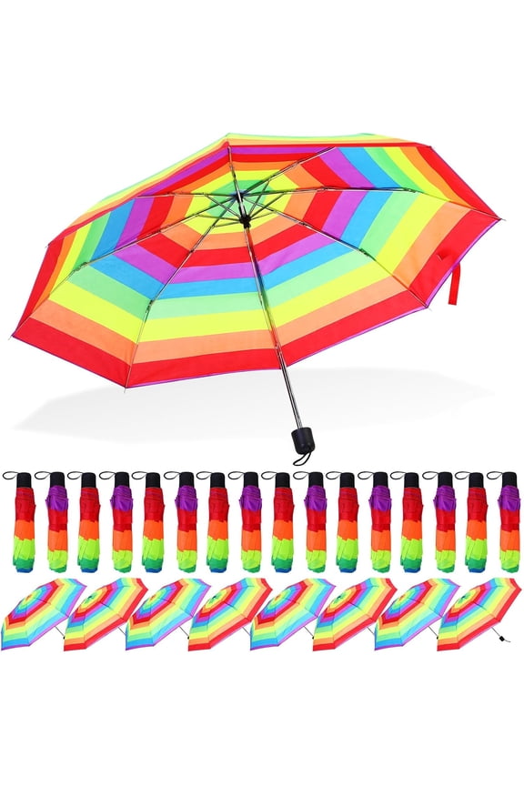 12 Pc Rainbow Umbrella Portable Tri Folded Pride Umbrella Windproof Compact Rain Parasol for Travel Beach Wedding Party