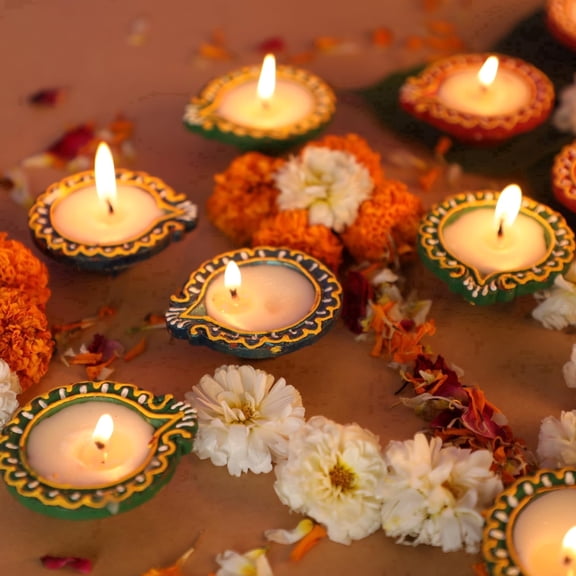 12-Piece Multicolor Wax-Filled Terracotta Clay Diya Set, Hand-Painted Earthen Oil Lamps for Diwali, Pooja and Festive Decor