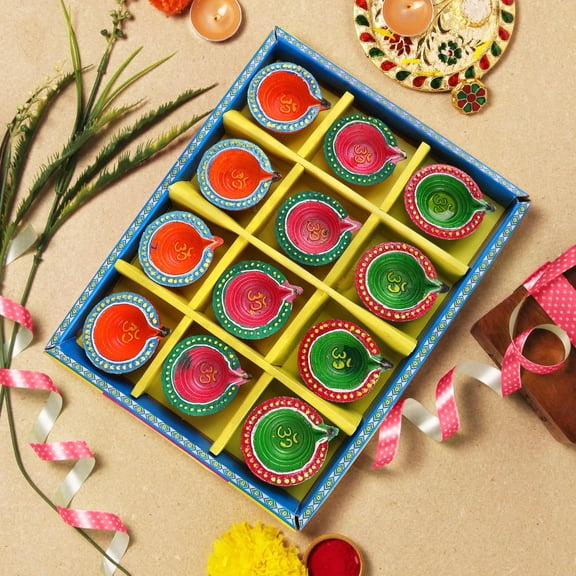 12 Pc Set MULTICOLORED CHALK WORK CLAY DIYA | DIWALI POOJA HANDMADE DIA | TERRACOTTA - NATURAL EARTHEN DIYA - HANDPAINTED