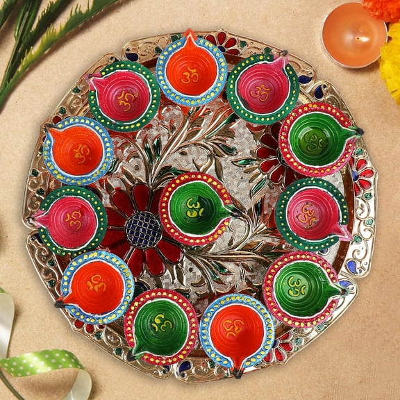 12 Pc Set Multicolored Chalk Work Clay Diya | Diwali Pooja Handmade Dia | Terracotta - Natural EARTHEN Diya - Handpainted