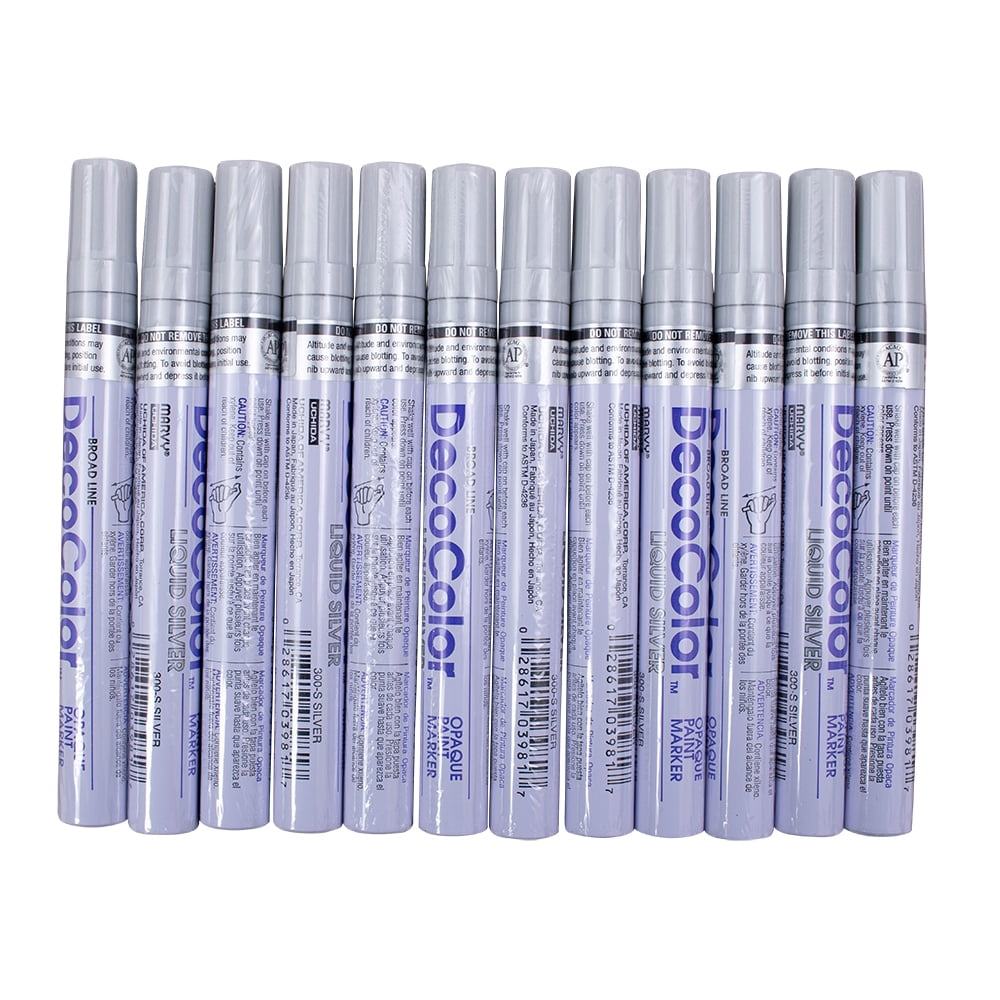 12 Pc Set Silver Decocolor Paint Marker Pens Broad Line Point Glossy Opaque on Metal Wood Glass Stone for Industrial Auto Trade Arts