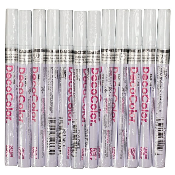 12 Pc Set White Decocolor Fine Line Point Oil Based Glossy Opaque Paint Marker Pens on Metal Stone Glass Wood for Industrial Art Auto Trade