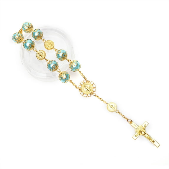 12 Pc Teal Baptism Favors with cross Mini Rosaries rhinestone faux pearl with GIFT BOX//Baptism Favor/First Communions, Baptism, Wedding Shower, Religous Favo
