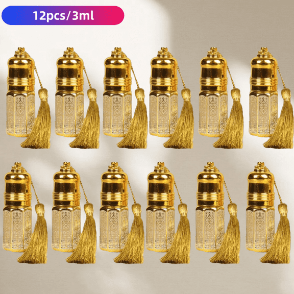 12 Pcs 0.1oz Mini Golden Glass Roller Bottles for Essential Oils, Portable Roll On Perfume Containers, Perfume Bottles Empty with Tassel, DIY Mini Travel Bottles for Lovers Travel