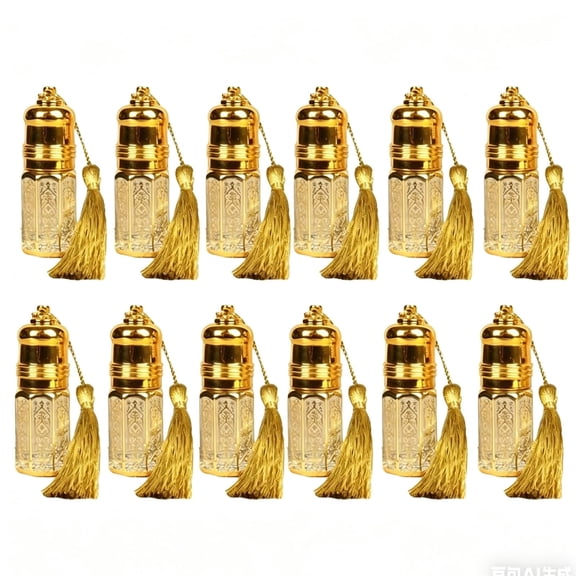 12 Pcs 0.1oz Mini Golden Glass Roller Bottles for Essential Oils, Portable Roll On Perfume Containers, Perfume Bottles Empty with Tassel, DIY Mini Travel Bottles for Lovers Travel