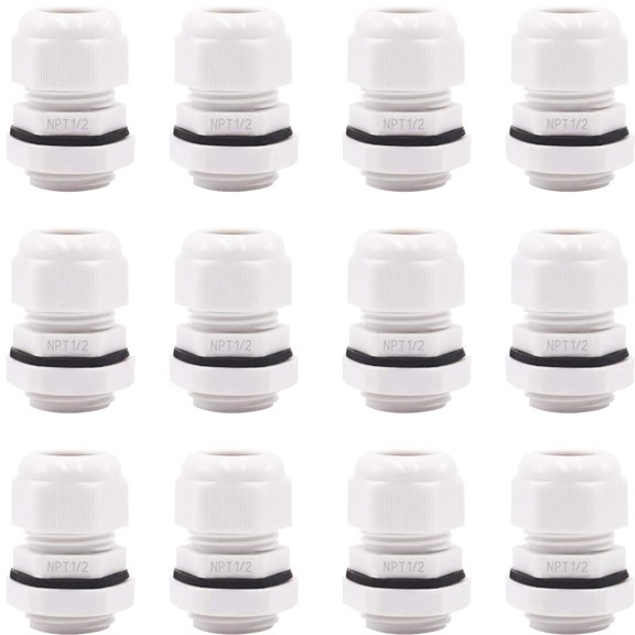 12 Pcs 1/2 NPT Adjustable Plastic Cable Glands White IP68 Waterproof 6-12mm