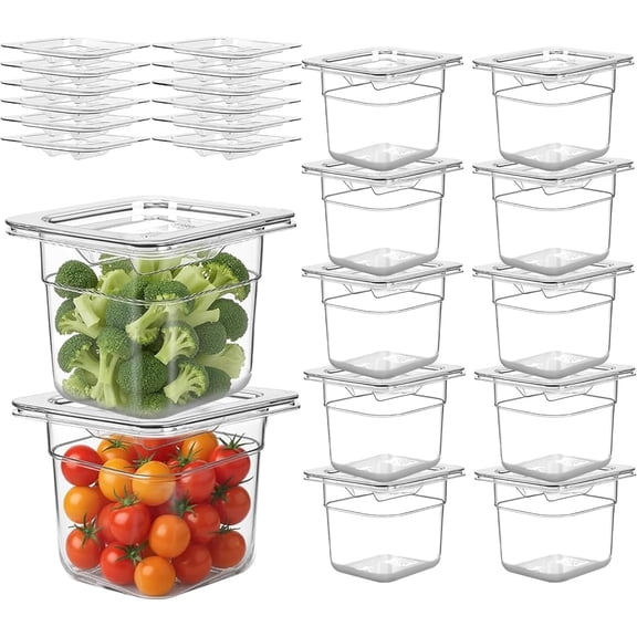 12 Pcs 1/6 Size Food Storage Containers with Lids Stackable Clear Polycarbonate Restaurant Pans 6in Deep Commercial Hotel Plastic Food Tray for Home Fridge Kitchen Catering