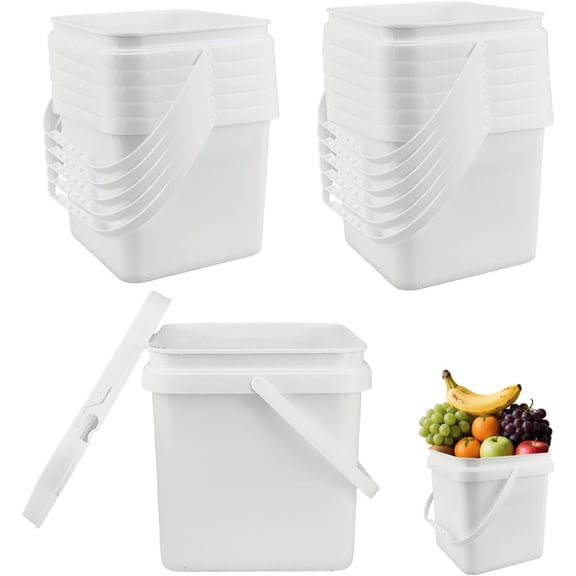 12 Pcs 1 Gallon Square Bucket with Lid Duty Plastic 5L Stackable Multipur Pose Buckets with Handle Suitable for Food Storage Car Wash Paint Bucket for Fishing Household CleaningWhite