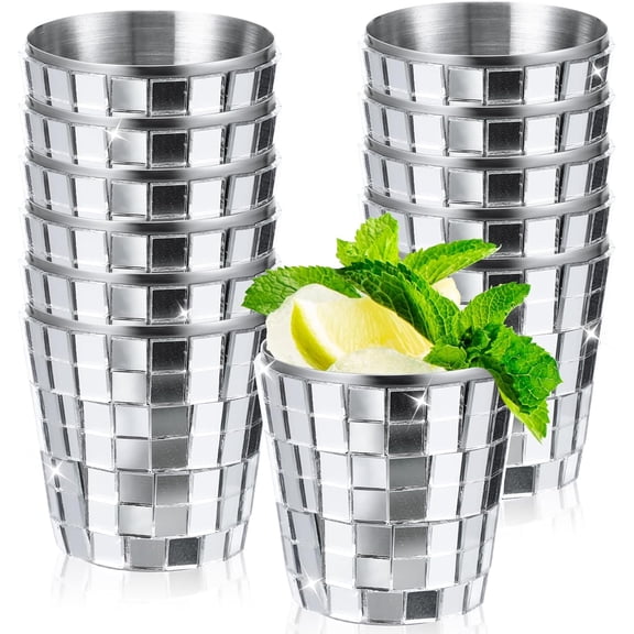 12 Pcs 1 oz Disco Ball Glitter Shot Cups Metal Shot Glasses for Whiskey Wedding Bachelorette Bar Decorations 70s Disco Party Supplies Birthday Gift